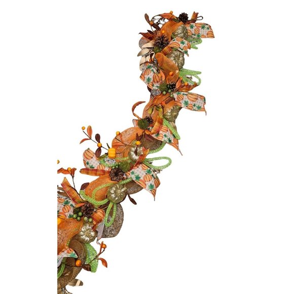 6' Fall Leaf and Pumpkin Handmade Garland with Brown, Orange and Green Ribbon - Picture 7 of 8
